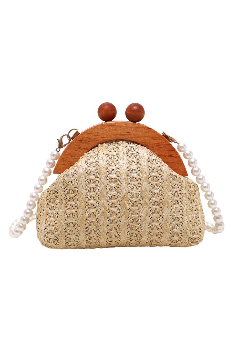 Excefore Straw Crossbody Handbag for Women, Mini Purse Rattan Wallet Bag Summer Beach Woven Pearl Straw Shoulder Bag Clutch - Image 1