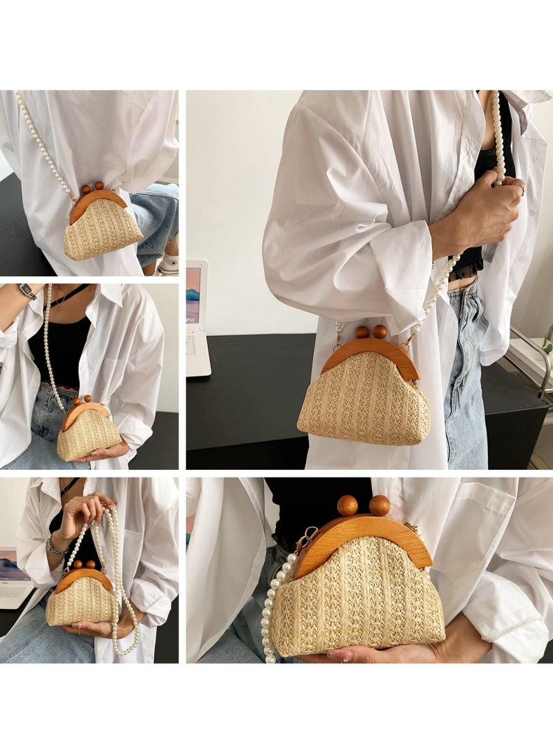 Excefore Straw Crossbody Handbag for Women, Mini Purse Rattan Wallet Bag Summer Beach Woven Pearl Straw Shoulder Bag Clutch - Image 3