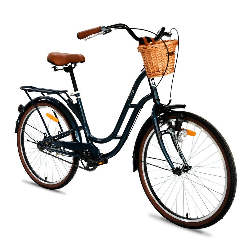 MOGOO Florida Vintage 24-Inch City Bike For Women & Girls | 24 Inch Wheel Sizes | Simple Single-Speed Drivetrain | Durable Steel Step-Through Frame with Front Wicker Basket | Rear Carrier & Dynamo Headlight - Royal Blue - Image 2