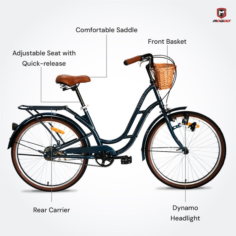 MOGOO Florida Vintage 24-Inch City Bike For Women & Girls | 24 Inch Wheel Sizes | Simple Single-Speed Drivetrain | Durable Steel Step-Through Frame with Front Wicker Basket | Rear Carrier & Dynamo Headlight - Royal Blue - Image 5