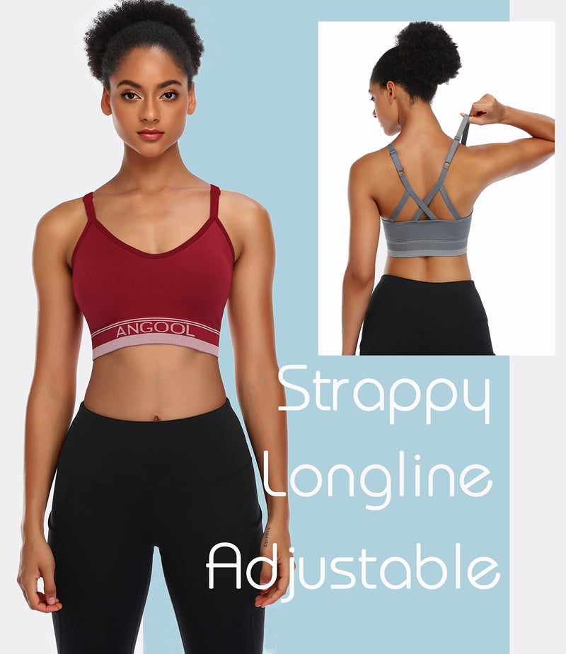 ANGOOL Strappy Sports Bra for Women, Longline Medium Support Yoga Bra Wirefree Padded Sports Bralette with Adjustable Straps Red 3 Pack - Image 3