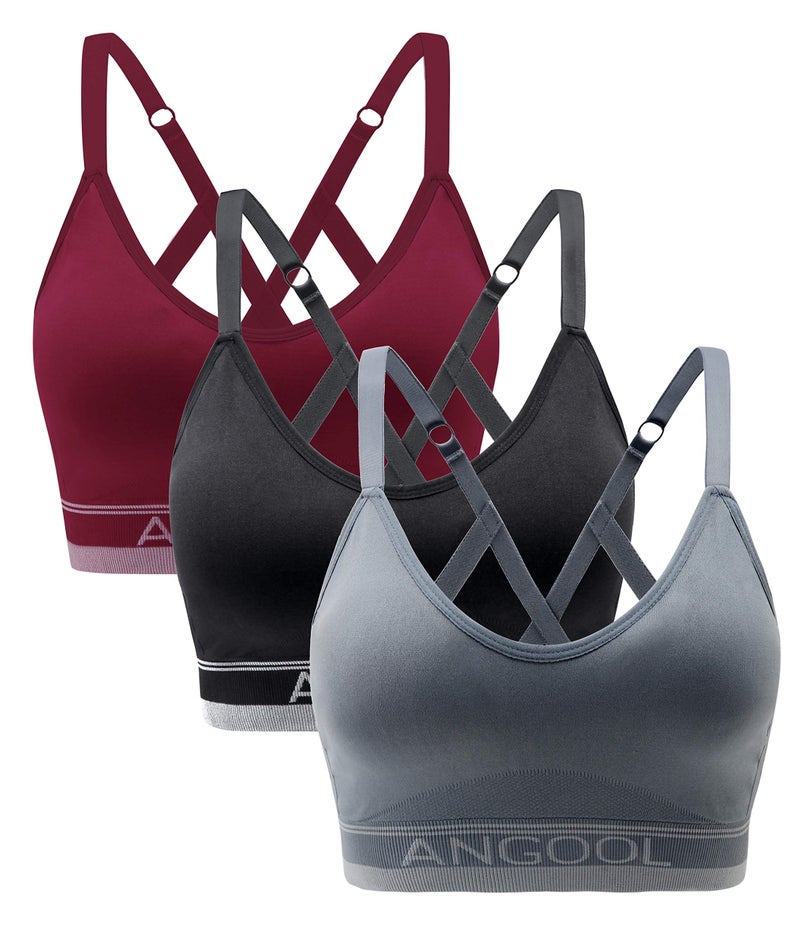 ANGOOL Strappy Sports Bra for Women, Longline Medium Support Yoga Bra Wirefree Padded Sports Bralette with Adjustable Straps Red 3 Pack - Image 1