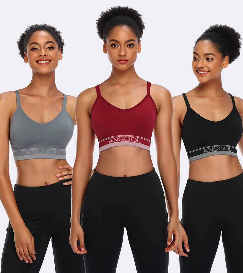 ANGOOL Strappy Sports Bra for Women, Longline Medium Support Yoga Bra Wirefree Padded Sports Bralette with Adjustable Straps Red 3 Pack - Image 2