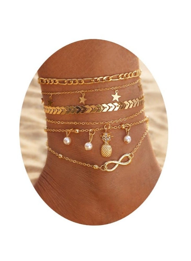 Layering Infinity Love Anklets Set for Women, Dainty 14K Gold Plated Pearl Heart Butterfly Star Pineapple Pendent Anklets Bracelets Beach Foot Chain Ankle Jewelry - Image 1