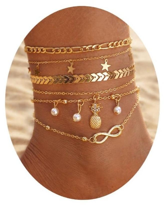 طقم خلخال متعدد الطبقات للنساء، خلخال أنيق مطلي بالذهب عيار 14 قيراطًا، على شكل قلب لؤلؤي، فراشة، نجمة، أناناس، سلسلة للقدم، مجوهرات للشاطئ. - Image 1