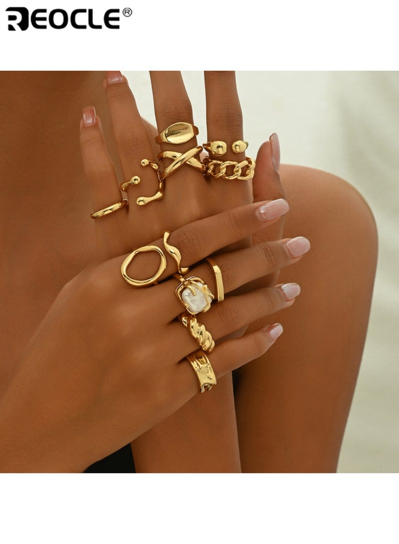 ريوكل مجموعة خواتم نسائية متعددة الأنماط مكونة من 12 قطعة حلقات مفتوحة فنية غير منتظمة ملتوية ومرصعة باللؤلؤ مجوهرات متعددة الاستخدامات قابلة للتكديس للارتداء اليومي - Image 2