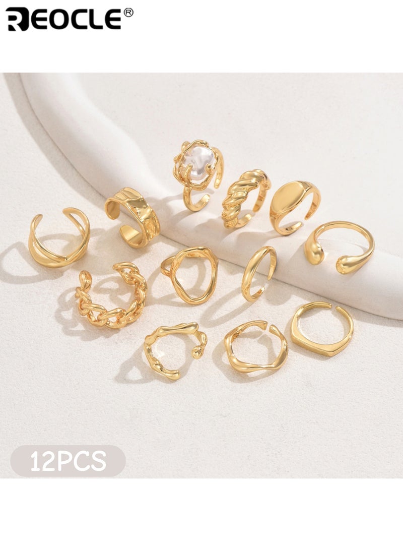 ريوكل مجموعة خواتم نسائية متعددة الأنماط مكونة من 12 قطعة حلقات مفتوحة فنية غير منتظمة ملتوية ومرصعة باللؤلؤ مجوهرات متعددة الاستخدامات قابلة للتكديس للارتداء اليومي - Image 1