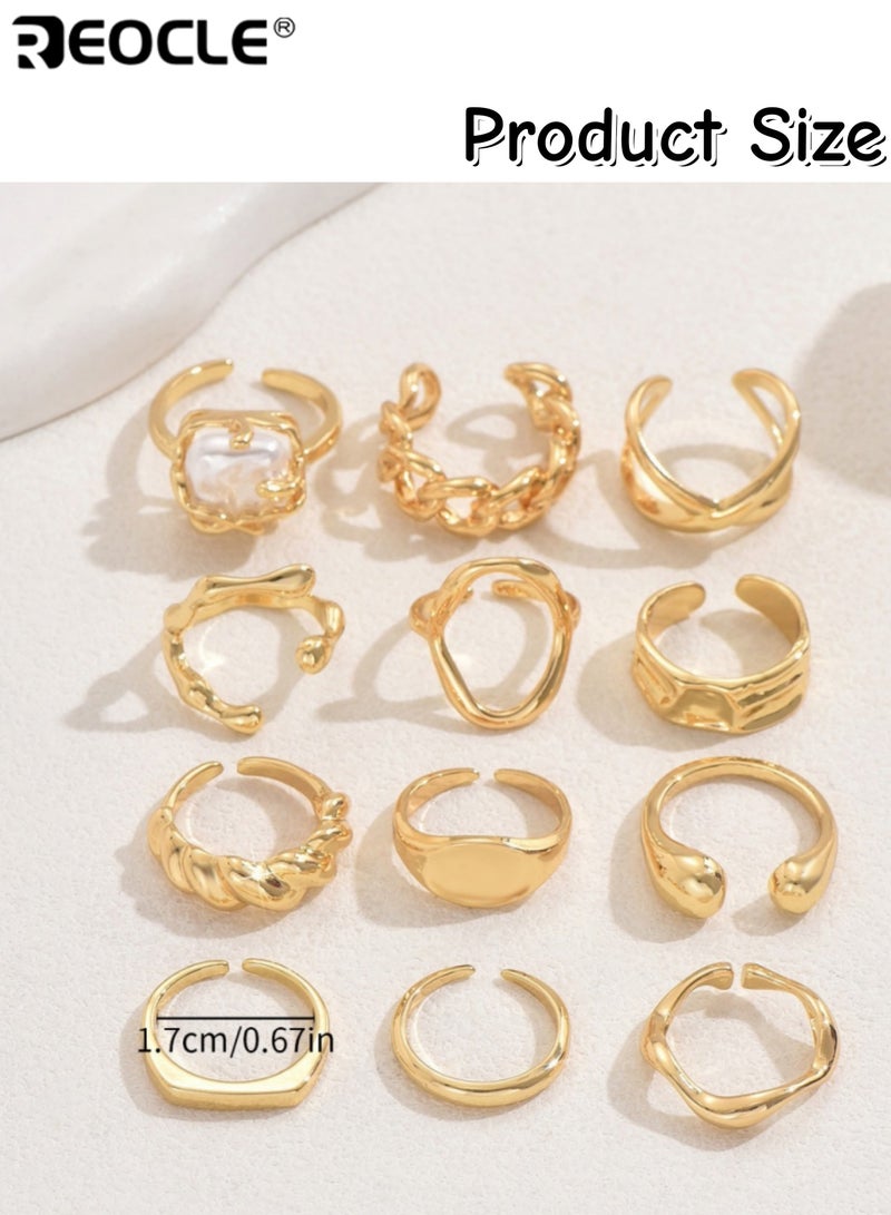 ريوكل مجموعة خواتم نسائية متعددة الأنماط مكونة من 12 قطعة حلقات مفتوحة فنية غير منتظمة ملتوية ومرصعة باللؤلؤ مجوهرات متعددة الاستخدامات قابلة للتكديس للارتداء اليومي - Image 5