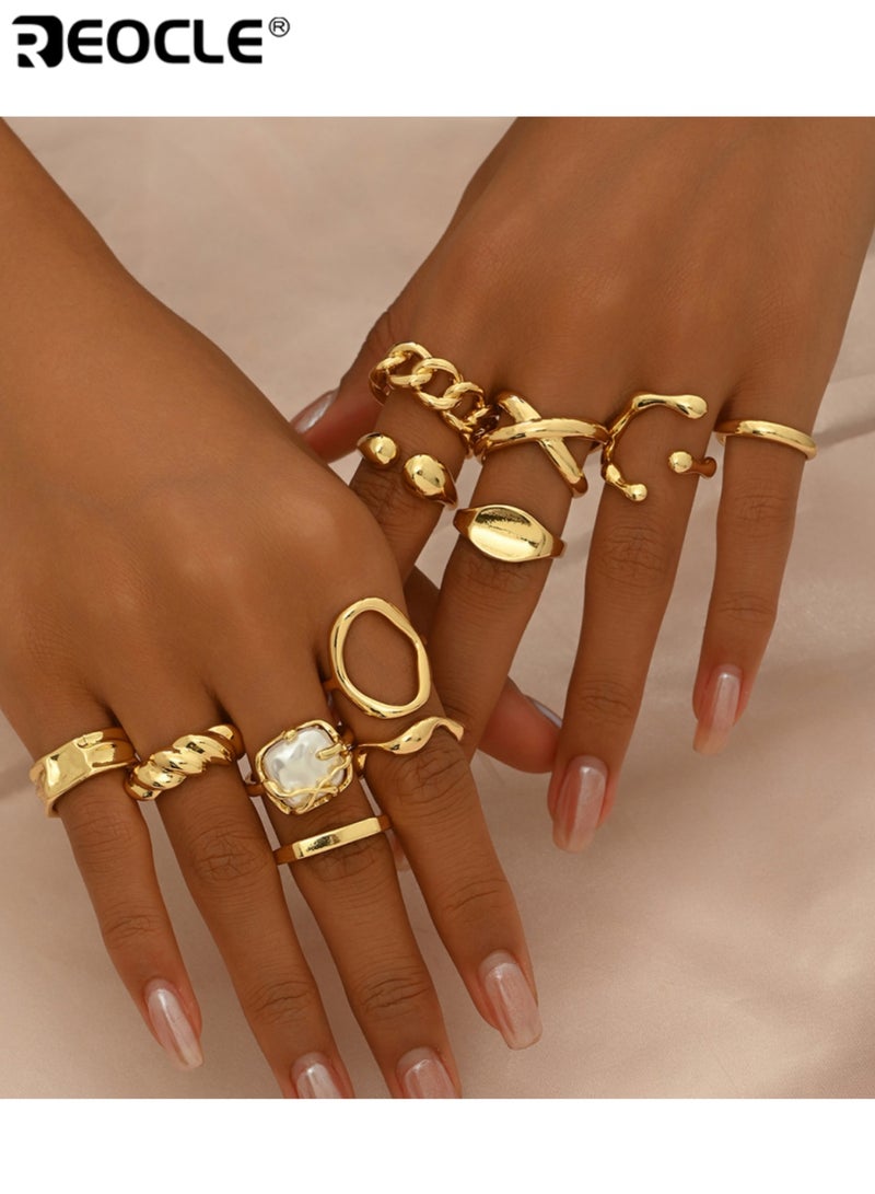 ريوكل مجموعة خواتم نسائية متعددة الأنماط مكونة من 12 قطعة حلقات مفتوحة فنية غير منتظمة ملتوية ومرصعة باللؤلؤ مجوهرات متعددة الاستخدامات قابلة للتكديس للارتداء اليومي - Image 3
