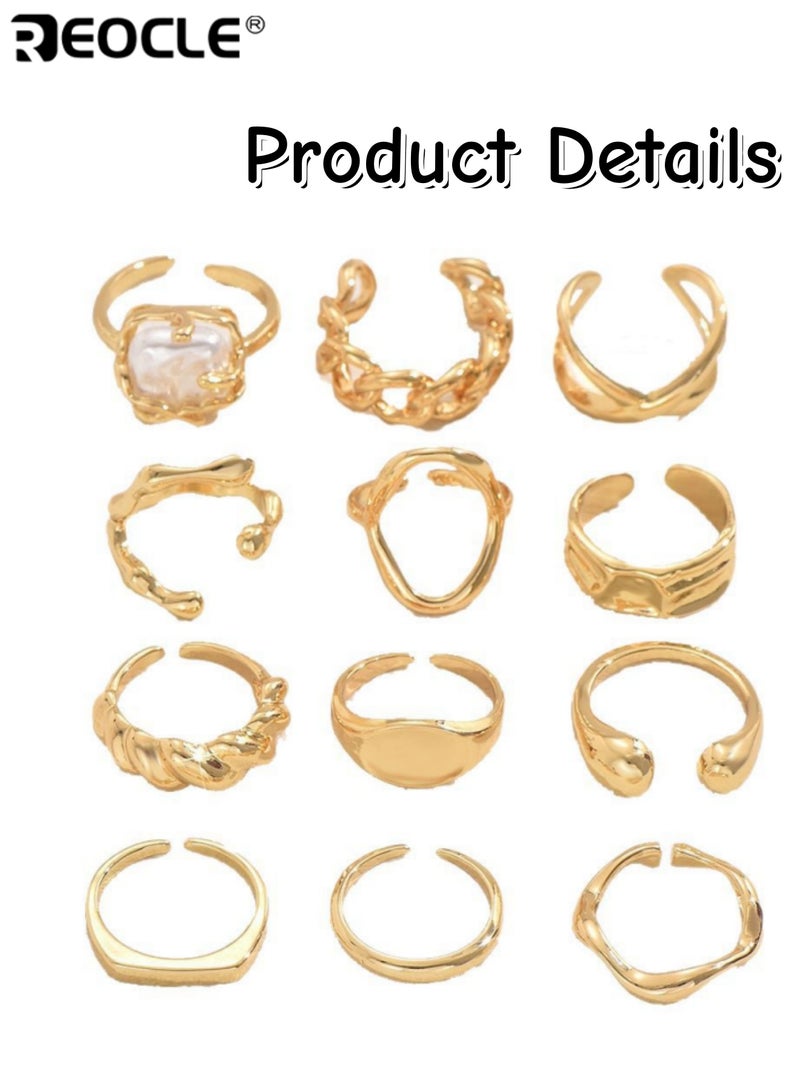 ريوكل مجموعة خواتم نسائية متعددة الأنماط مكونة من 12 قطعة حلقات مفتوحة فنية غير منتظمة ملتوية ومرصعة باللؤلؤ مجوهرات متعددة الاستخدامات قابلة للتكديس للارتداء اليومي - Image 4