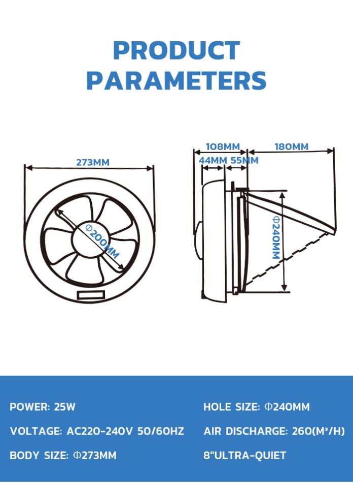 MODI Round Connection 8 Inch Ventilation Fan 25W Powerful Exhaust Fan Ultra-Quiet Air Suction High Airflow 260 m³/h Wall & Ceiling Mount Exhaust Fan for Kitchen, Bathroom & Toilet - Image 2
