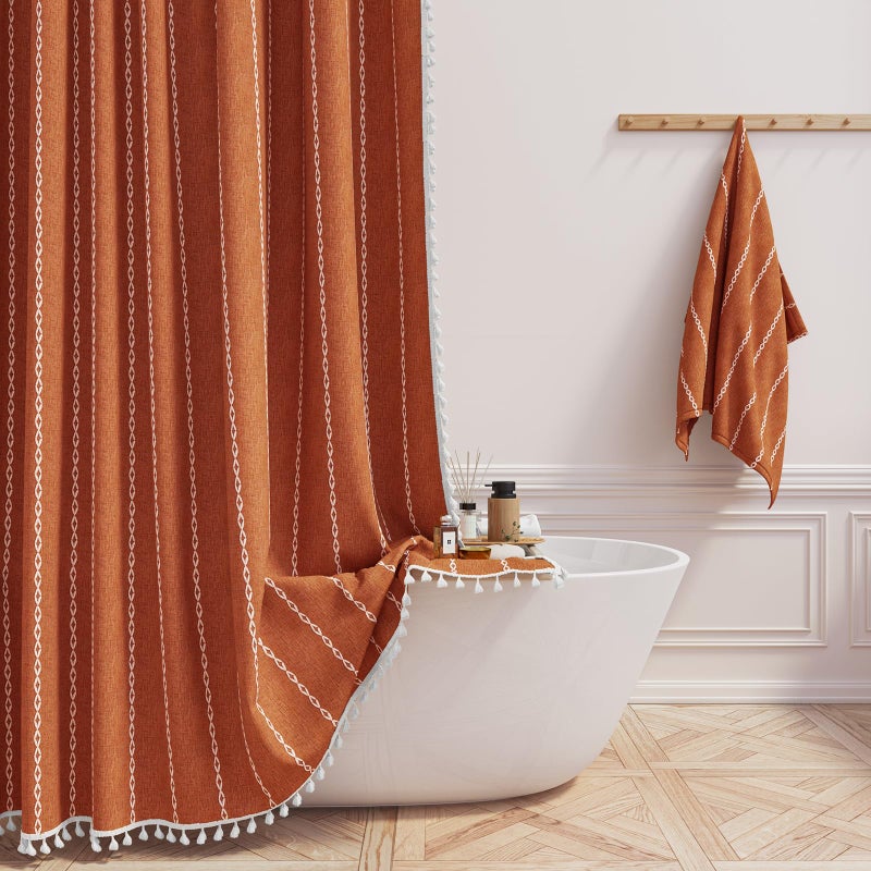BTTN Boho Farmhouse Shower Curtain, Linen Rustic Weighted Striped Fabric Shower Curtain Set with Tassel, Water Repellent, Bohemian Vintage Country Shower Curtains for Bathroom, Burnt Orange, 72x72 - Image 1