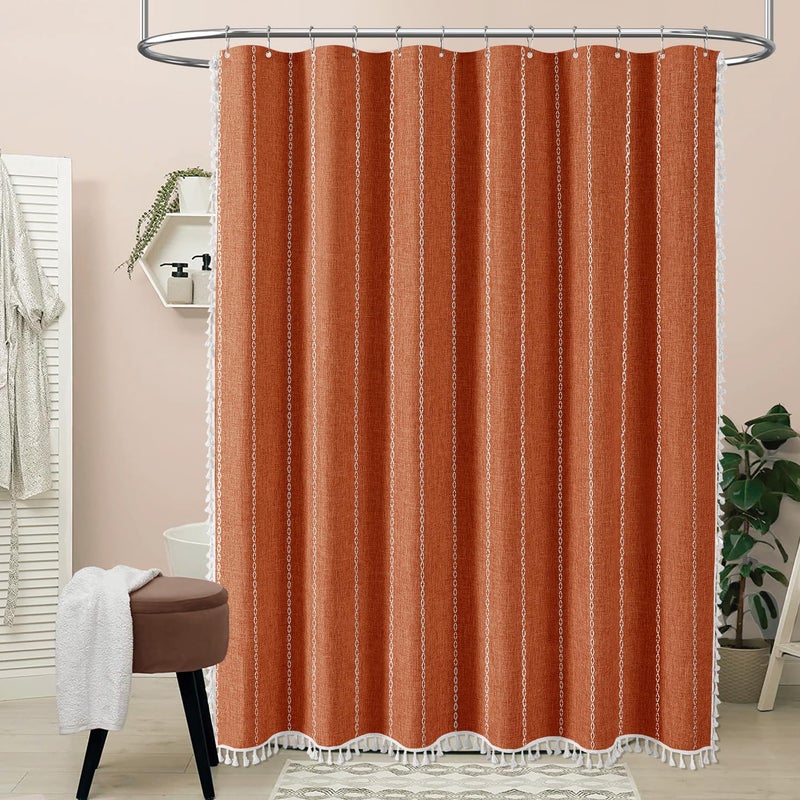BTTN Boho Farmhouse Shower Curtain, Linen Rustic Weighted Striped Fabric Shower Curtain Set with Tassel, Water Repellent, Bohemian Vintage Country Shower Curtains for Bathroom, Burnt Orange, 72x72 - Image 2