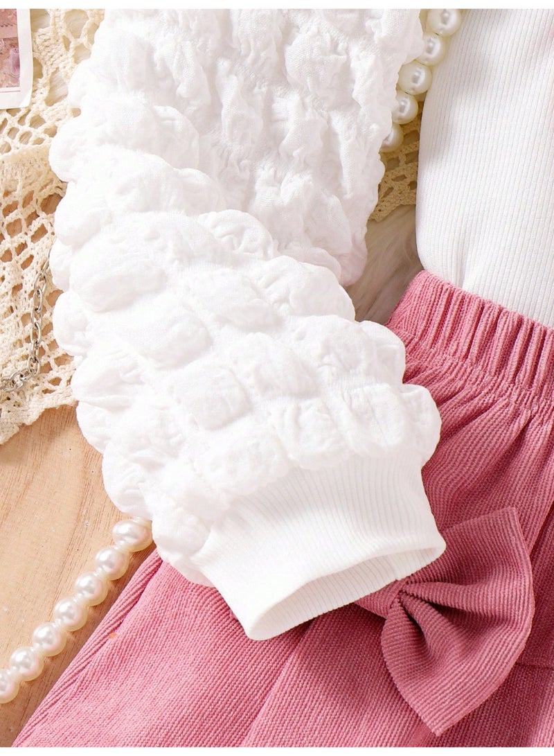 انسولار مجموعة متكاملة للفتيات للاستخدام اليومي والراحة: ملابس علوية علوية مبطنة بنقشة قلوب مضفرة ، تنورة مزينة بفيونكة من المخمل، لطيفة وحلوة للفتيات الصغيرات، للربيع والخريف ، 2 قطعة في المجموعة - Image 3