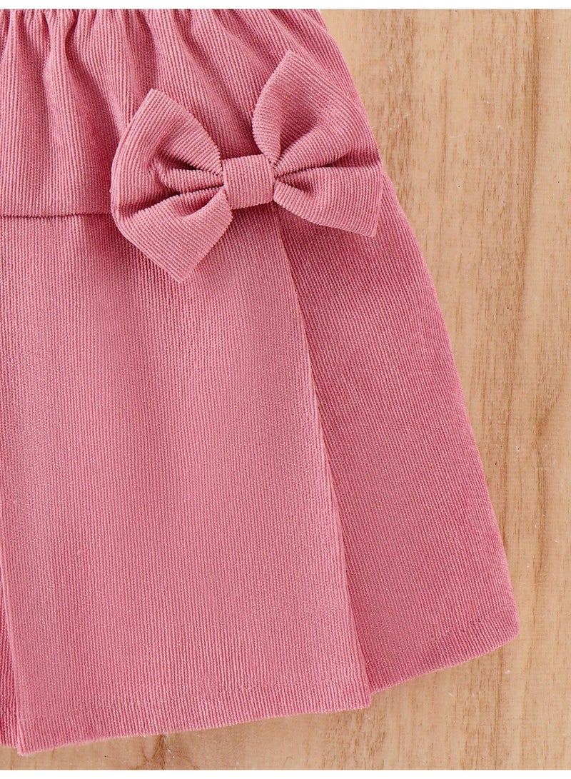 انسولار مجموعة متكاملة للفتيات للاستخدام اليومي والراحة: ملابس علوية علوية مبطنة بنقشة قلوب مضفرة ، تنورة مزينة بفيونكة من المخمل، لطيفة وحلوة للفتيات الصغيرات، للربيع والخريف ، 2 قطعة في المجموعة - Image 4