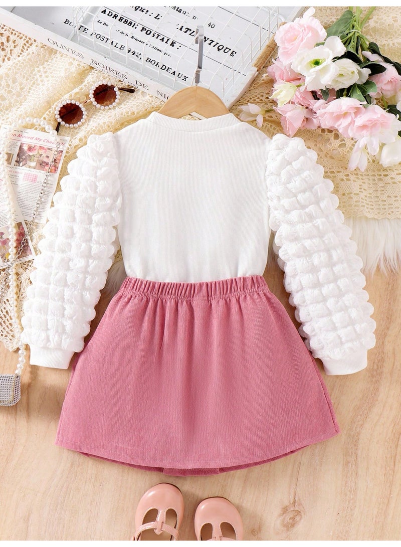 انسولار مجموعة متكاملة للفتيات للاستخدام اليومي والراحة: ملابس علوية علوية مبطنة بنقشة قلوب مضفرة ، تنورة مزينة بفيونكة من المخمل، لطيفة وحلوة للفتيات الصغيرات، للربيع والخريف ، 2 قطعة في المجموعة - Image 5