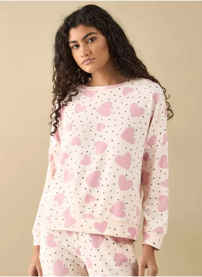 FAV All-Over Heart Print Long Sleeves T-shirt and Pyjama Set