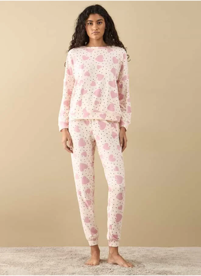 FAV All-Over Heart Print Long Sleeves T-shirt and Pyjama Set