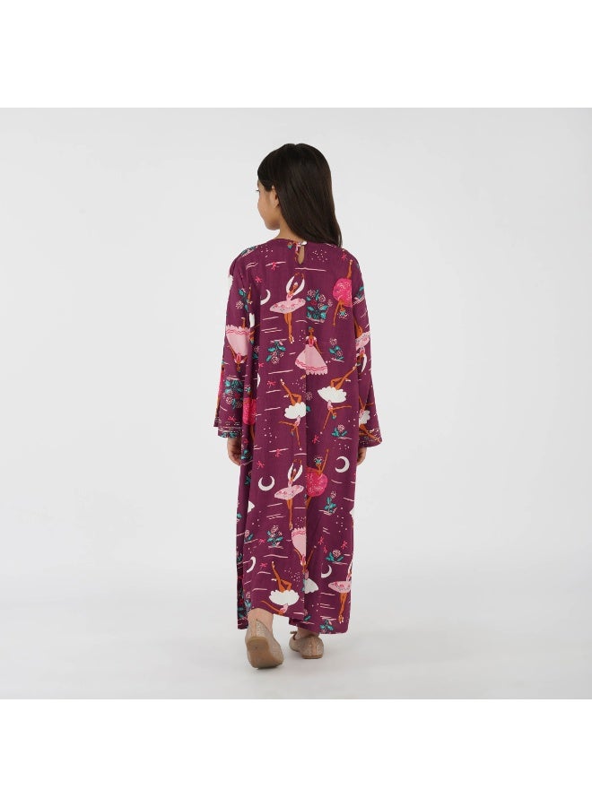 Linelle Ballerina Print Kids Jalabiya – Maxi with V-Neck and Stone Embellishments - Image 1