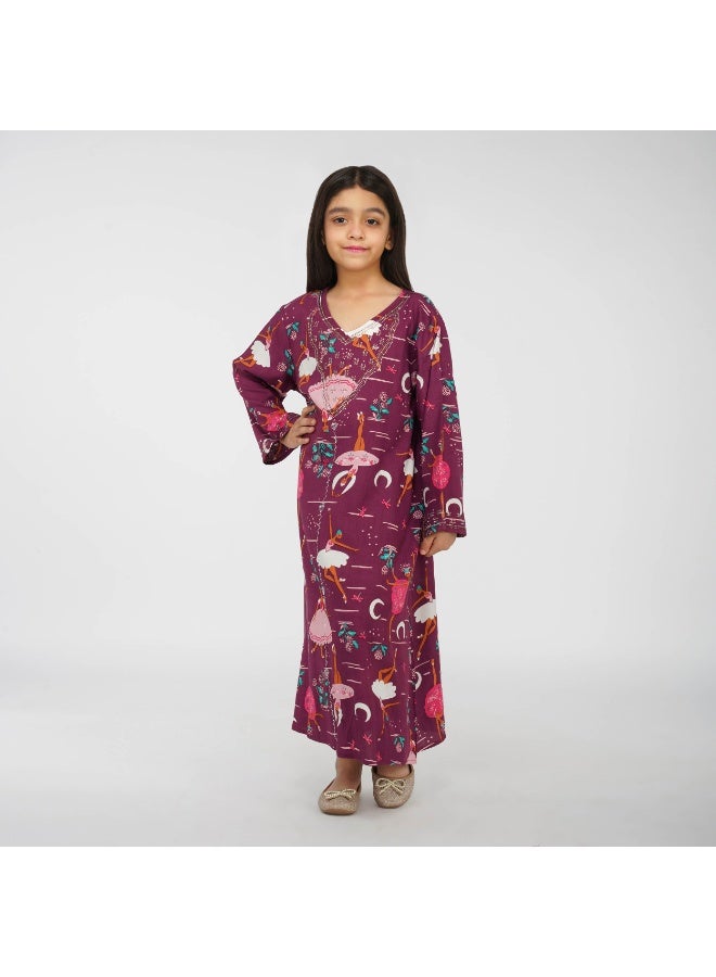 Linelle Ballerina Print Kids Jalabiya – Maxi with V-Neck and Stone Embellishments - Image 2