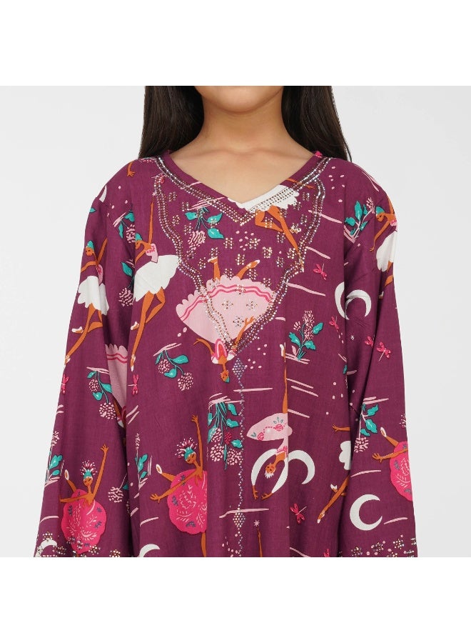 Linelle Ballerina Print Kids Jalabiya – Maxi with V-Neck and Stone Embellishments - Image 5