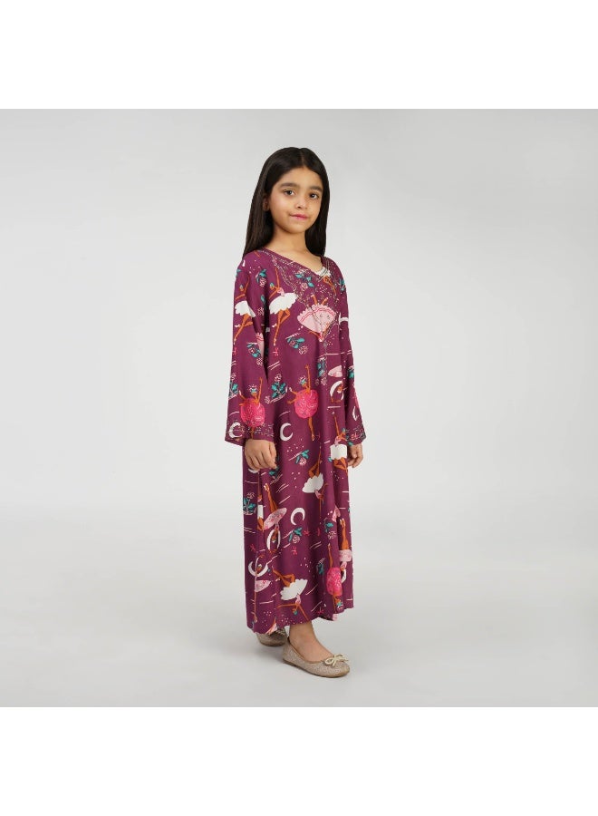 Linelle Ballerina Print Kids Jalabiya – Maxi with V-Neck and Stone Embellishments - Image 3