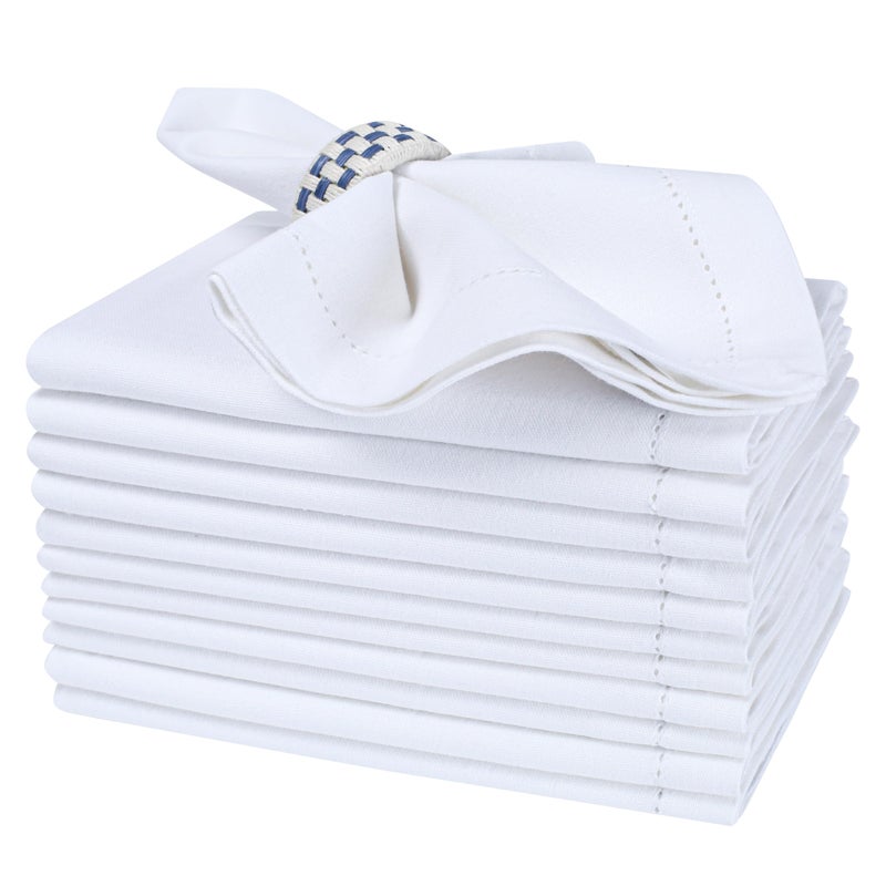 Eminence Home طقم مناديل قطنية 12 قطعة من إيميننس هوم، 45x45 سم (أبيض)، قماش قطن نقي 100%، مخيط على الحواف، صديق للبيئة، تصميم أنيق، قابل للغسل، يجف بسرعة، للاستخدام في المنزل، الفندق، المطعم، النزهات. - Image 1