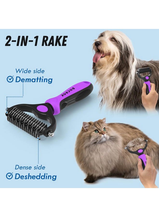 Docrok Pet Grooming Brush and Metal Comb Combo - Undercoat Rake for Dematting and Deshedding Long Matted Haired Dogs and Cats, Purple - Image 2