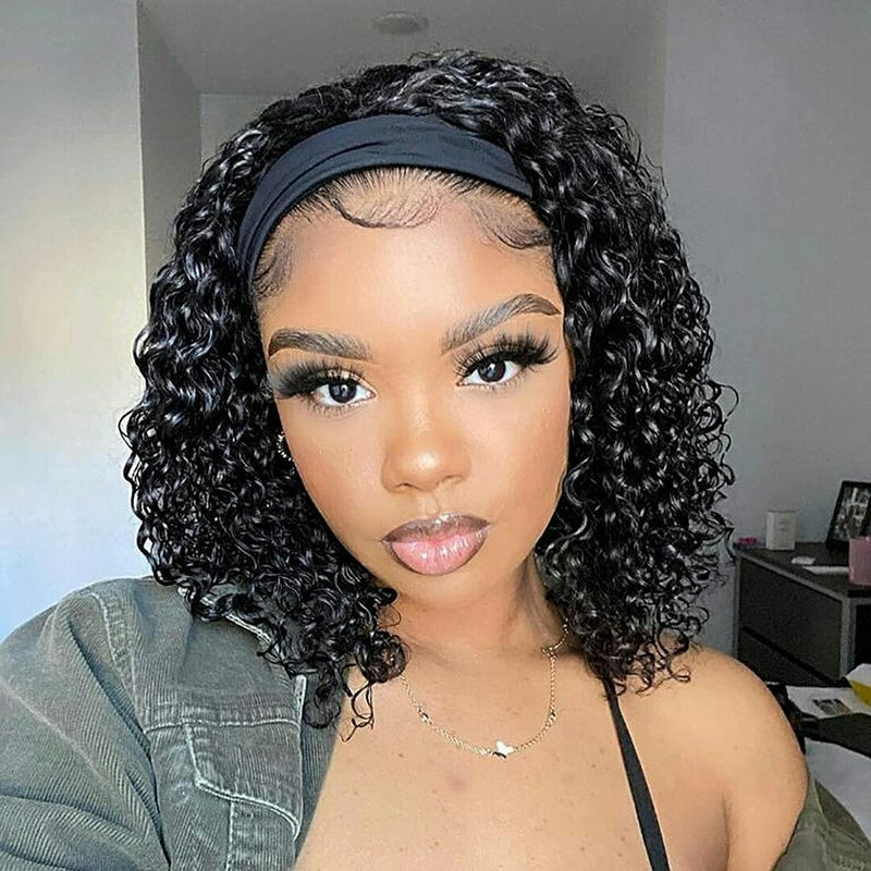 Aiterina Headband Wig Deep Wave 12 Inch Human Hair Headband Wig Curly hair Glueless Human Hair Wigs Machine Made No Lace deep Curly Headband Wigs Natural color - Image 1