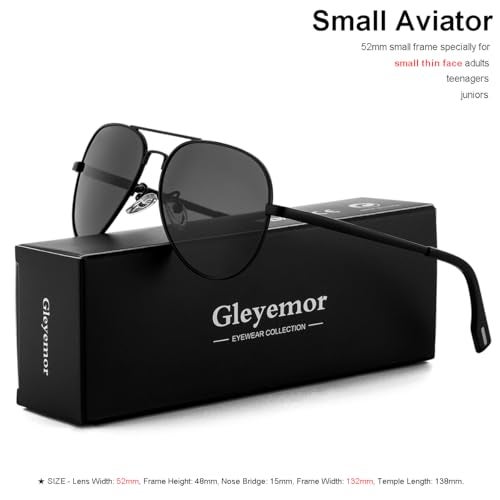 Gleyemor Polarized Aviator Sunglasses for Small Face Women and Men, 52MM Small Aviators 100% UV Protection (Black/Grey) - Image 2