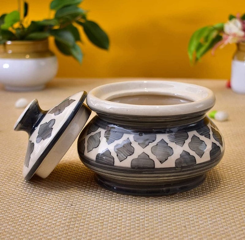 YOUR LOCAL STORE Ceramic Handi with lid, Biryani Bowl Serveware 600 ML, Curd Setter, Sauce Pot, Server for Dal, Curry, and Dining Tableware (Grey::White) - Image 3