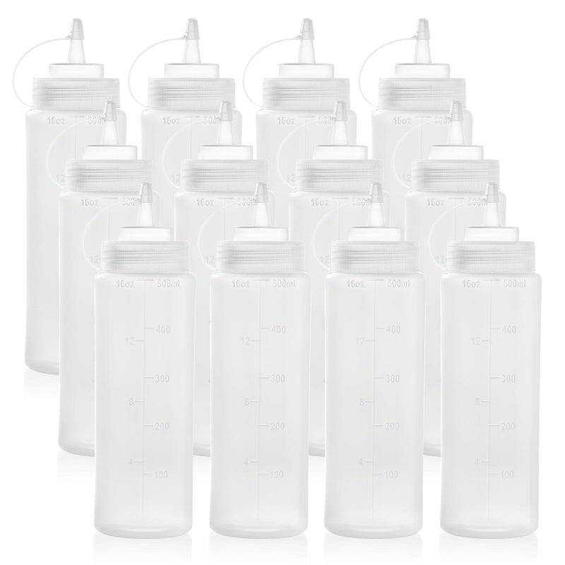 Bekith 12 pack 16 Oz Wide Mouth Plastic Squeeze Condiment Bottles with Twist On Cap Lids and Discrete Measurements Empty Squirt Bottle For Sauce Ketchup Paint
