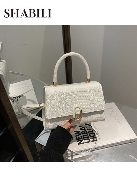 Women PU Large Capacity Multi-Pocket Croc-Embossed Shoulder Crossbody Tote Handbag, Ladies Structured Top Handle Cross Bags with Detachable Strap for Teenager Youth Daily Casual Party Travel (White)