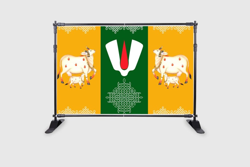 Backdropon Tirupati Balaji Tilak with Cows and Muggu Design Backdrop for Decoration Backdrop Cloth for Pooja Traditional/Background Curtain for Festival Size 5Feet Height and 8Feet Width(5 * 8) - Image 2