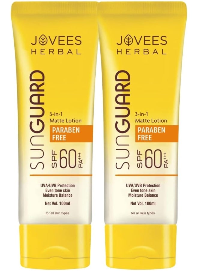 JOVEES HERBAL Jovees Sun Guard Lotion SPF 60 PA+++ Broad Spectrum | 3 in 1 Matte Lotion | UVA/UVB Protection, Moisture Balance, Even Tone Skin 100ml (Pack of 2)  - Image 1