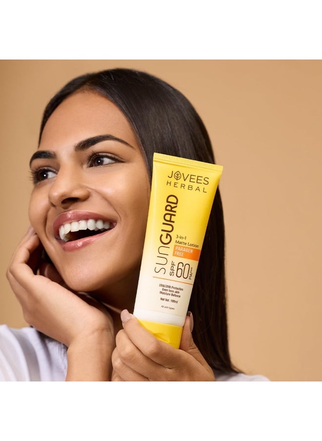 JOVEES HERBAL Jovees Sun Guard Lotion SPF 60 PA+++ Broad Spectrum | 3 in 1 Matte Lotion | UVA/UVB Protection, Moisture Balance, Even Tone Skin 100ml (Pack of 2)  - Image 3