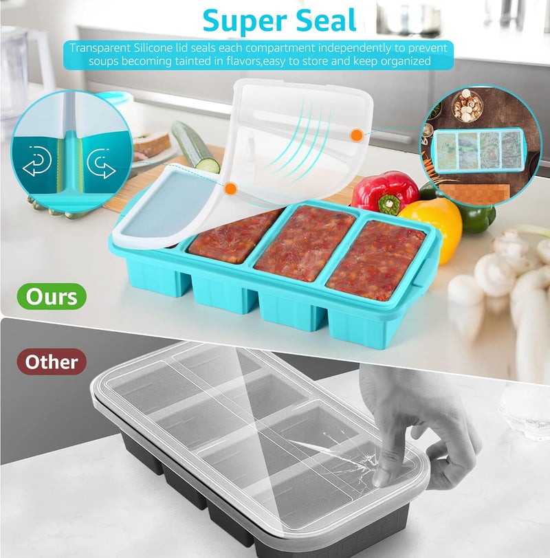 Ztomine Silicone Freezer Tray With Lid - Silicone Freezer Food Molds- Large Ice Cube Tray,Silicone Freezer Container,Freeze & Store Soup, Sauce, Broth,Leftovers - Makes 4 Perfect 1 Cup - Image 5