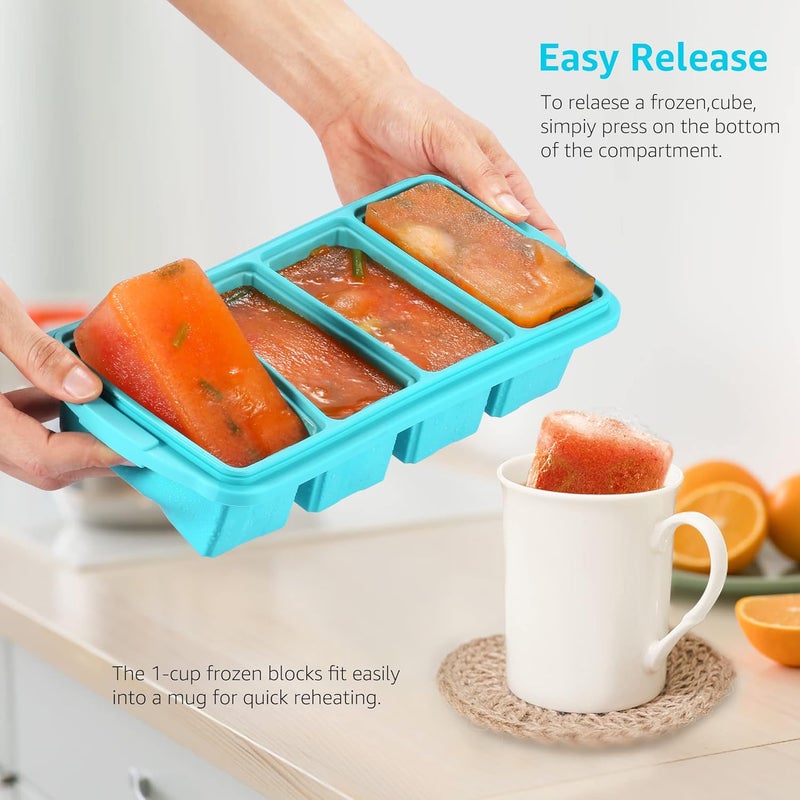 Ztomine Silicone Freezer Tray With Lid - Silicone Freezer Food Molds- Large Ice Cube Tray,Silicone Freezer Container,Freeze & Store Soup, Sauce, Broth,Leftovers - Makes 4 Perfect 1 Cup - Image 2