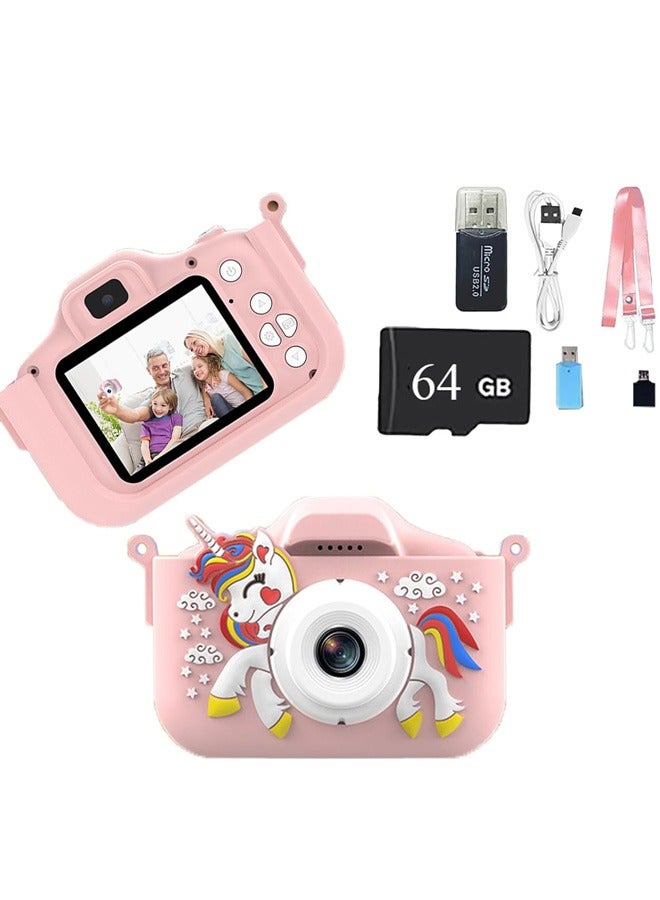 Kids Camera Toys for Girls Age 3-8, Kids Digital Camera Toddler Camera for 3 4 5 6 7 8 Years Old Birthday Gifts, 1080/720P Video Camera with Cute Protective Cover & 64GB SD Card - Image 1