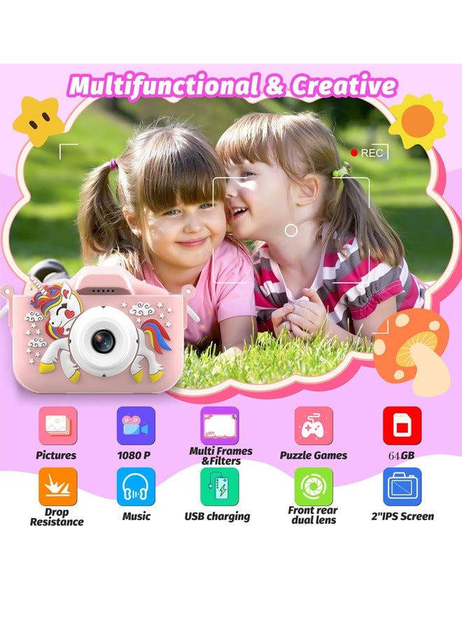 Kids Camera Toys for Girls Age 3-8, Kids Digital Camera Toddler Camera for 3 4 5 6 7 8 Years Old Birthday Gifts, 1080/720P Video Camera with Cute Protective Cover & 64GB SD Card - Image 2