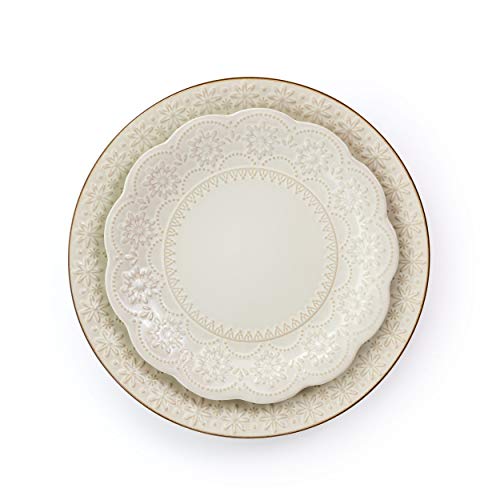 Elama Embossed Scalloped Stoneware Dinnerware Dish Set, 16 Piece, Ivory - Image 5
