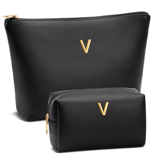 CLOUDWINGS Graduation Gifts Initial Makeup Bag for Women Personalized Gifts for Bridesmaid Teachers Friend Female College Cosmetic Travel Toiletry BagBlackV - Image 1