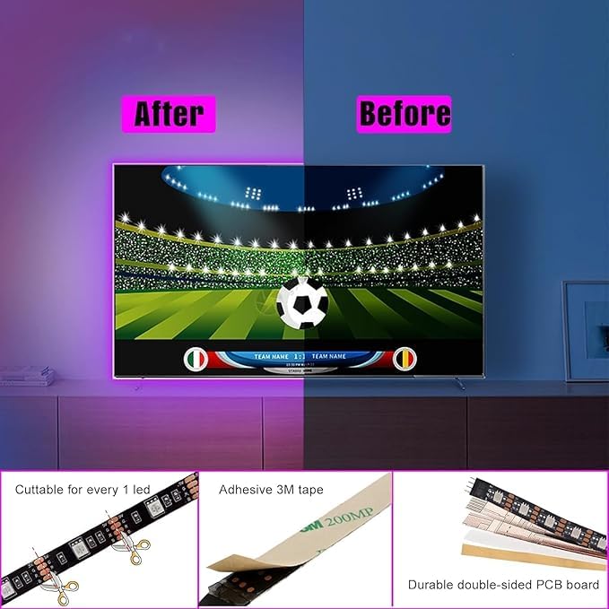 One94Store شريط إضاءة LED RGB بطول 5 متر - يعمل بالطاقة من USB 5V مع وحدة تحكم صغيرة لتزيين خلفية التلفاز، إعداد الألعاب، الكمبيوتر، غرفة النوم، المكتب والغرفة - Image 4