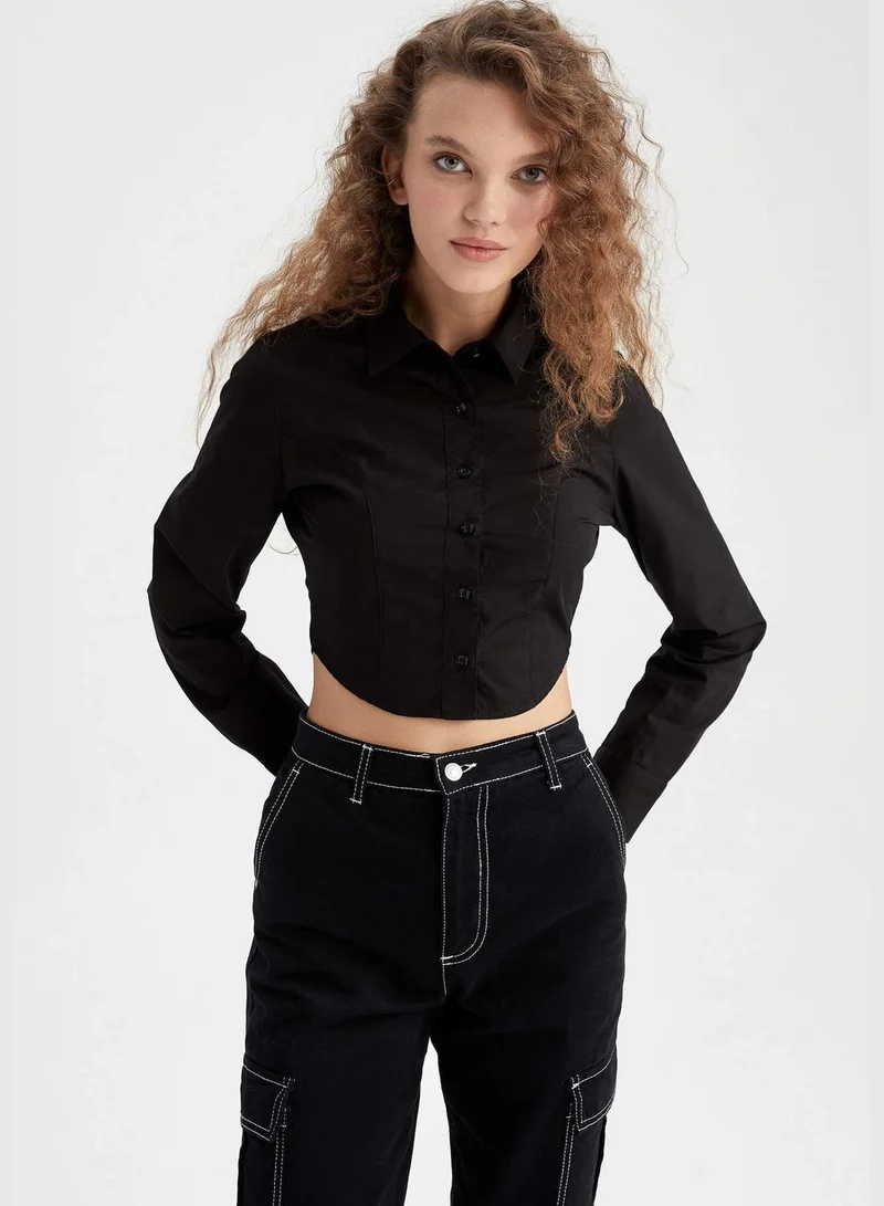 DeFacto Woman Crop Top Shirt Neck Woven Long Sleeve Shirt