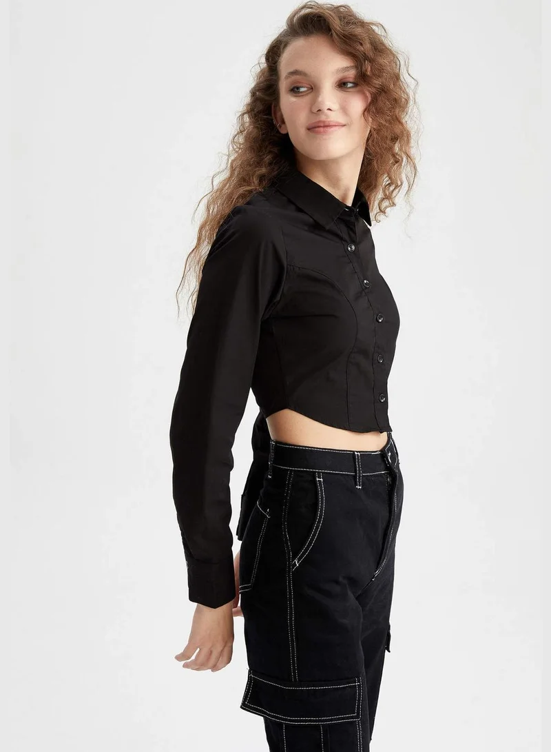 DeFacto Woman Crop Top Shirt Neck Woven Long Sleeve Shirt