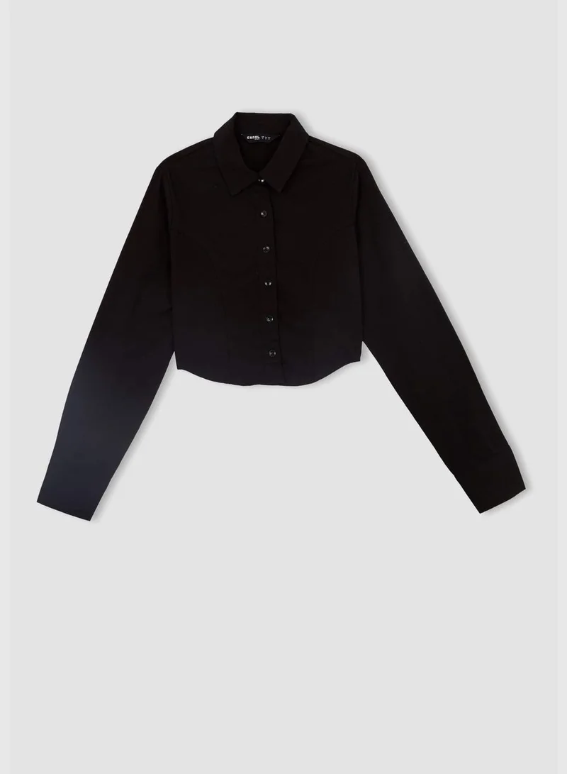 DeFacto Woman Crop Top Shirt Neck Woven Long Sleeve Shirt