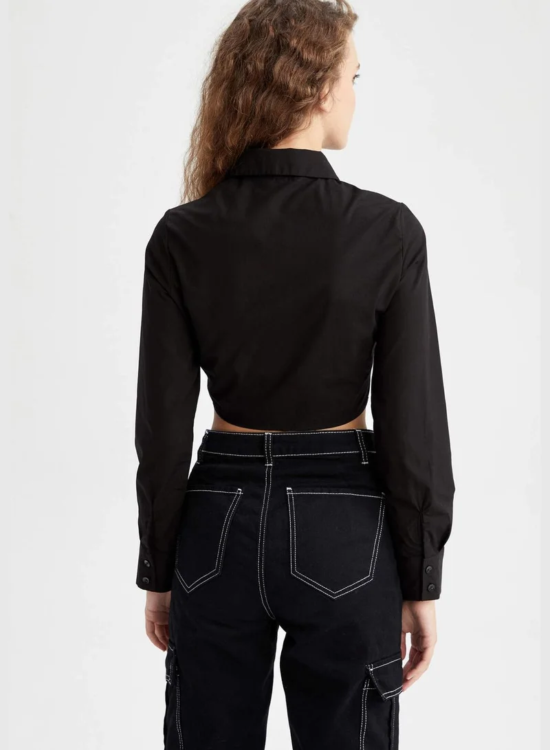DeFacto Woman Crop Top Shirt Neck Woven Long Sleeve Shirt