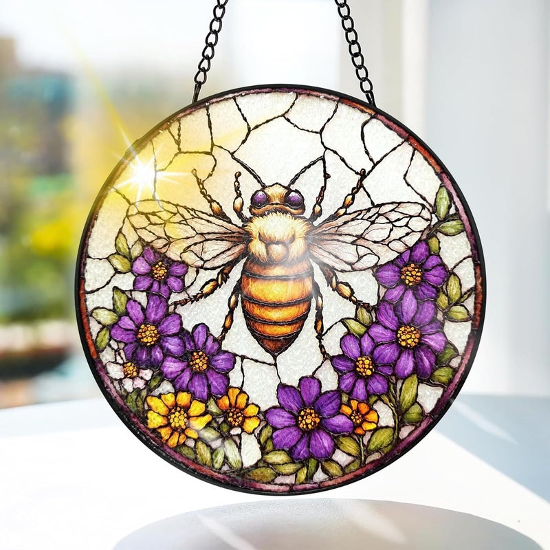 Bimkole معلقة نافذة من الزجاج الملون على شكل نحلة من - تصميم زهور لتزيين النوافذ الداخلية أو المداخل - مقاس 7.87 × 7.87 بوصة مع سلسلة وخطاف - هدية فريدة لديكور المنزل - Image 1