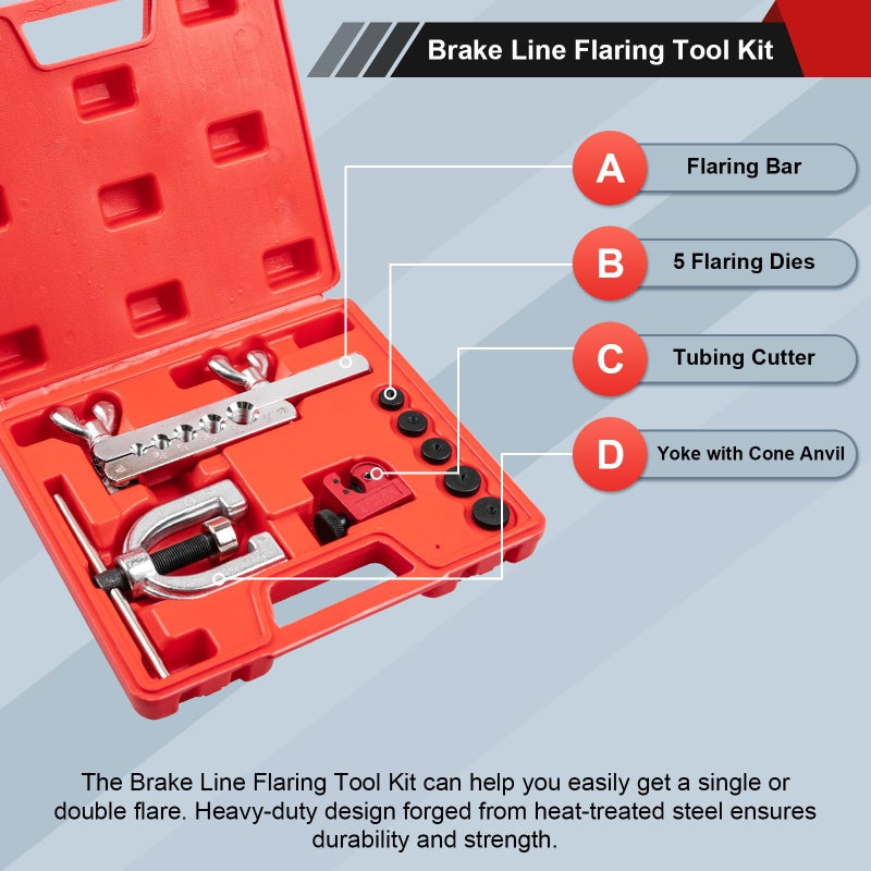 Clatoon Brake Line Double & Single Flaring Tool Kit with Tubing Cutter, Brake Line Repair Kit for Copper, Aluminum, Brake Line and Brass Tubing, Flare Tool kit Includes 5 Adapters, 45 Degrees - Image 2