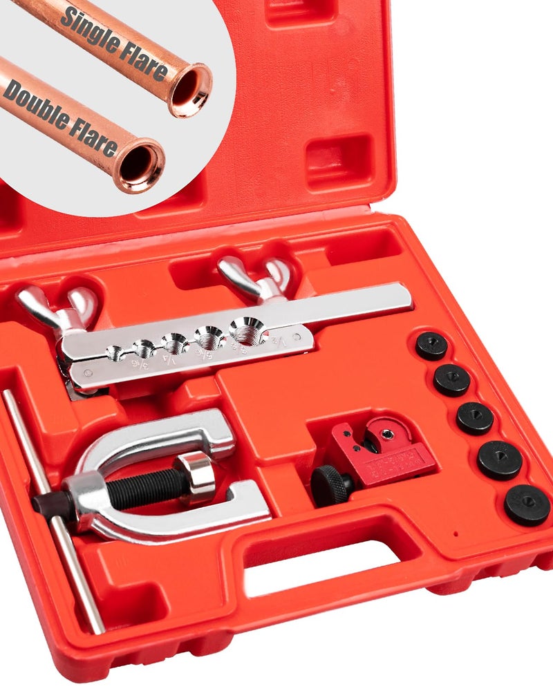 Clatoon Brake Line Double & Single Flaring Tool Kit with Tubing Cutter, Brake Line Repair Kit for Copper, Aluminum, Brake Line and Brass Tubing, Flare Tool kit Includes 5 Adapters, 45 Degrees - Image 1